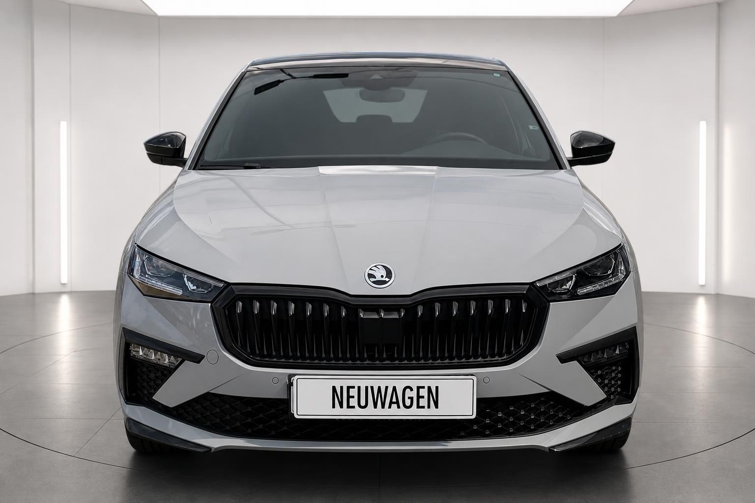 Skoda Scala in Grau, direkte Frontansicht mit Kühlergrill