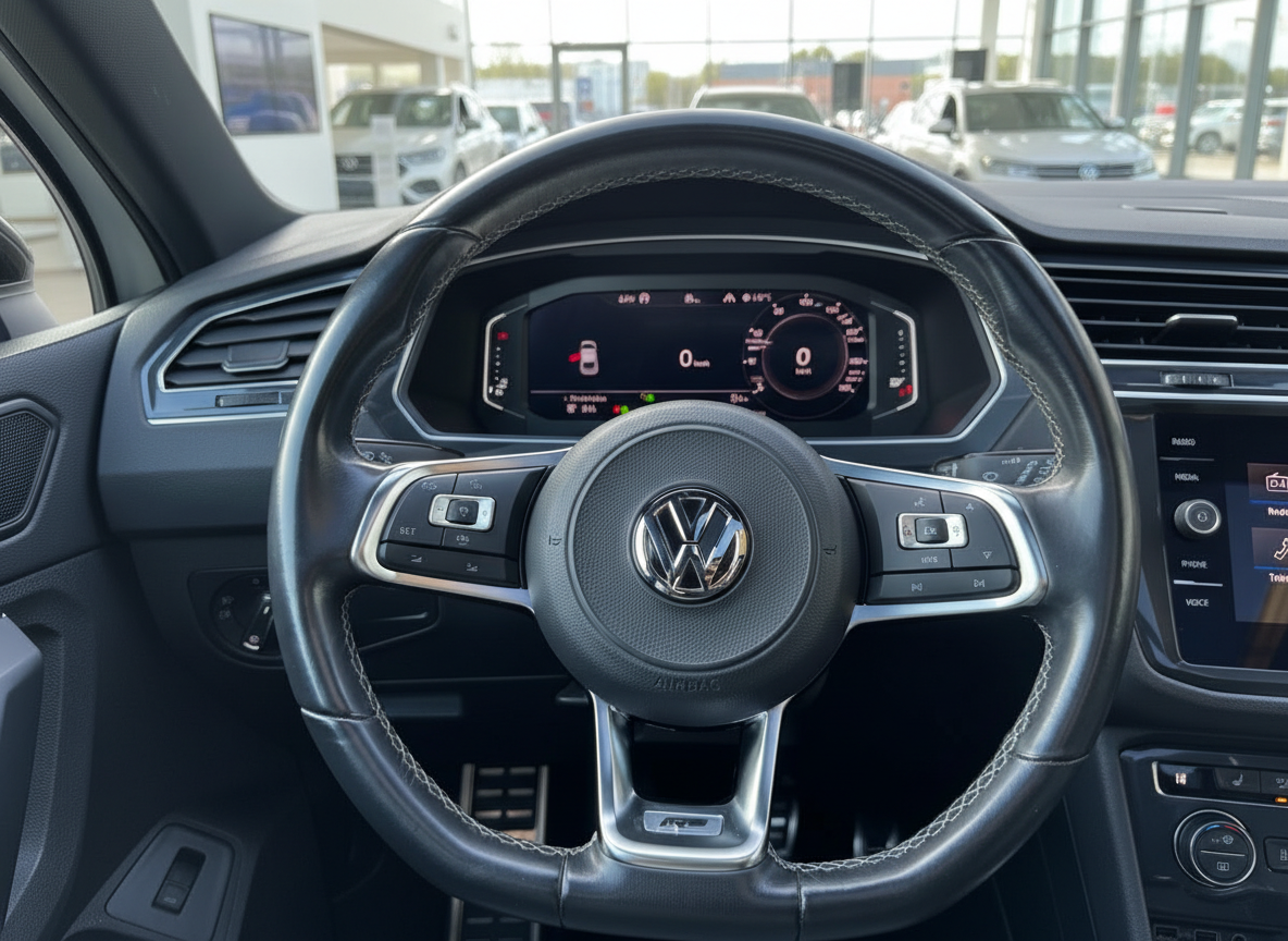 VW Tiguan R-Line Innenraum mit Lenkrad, Virtual Cockpit und Infotainment-System