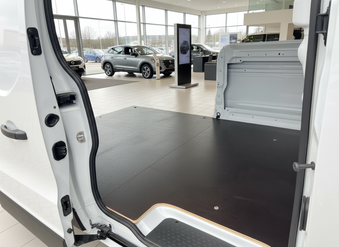 Laderaum eines weißen VW Transporters mit schwarzem Ladeboden in VW Autohaus