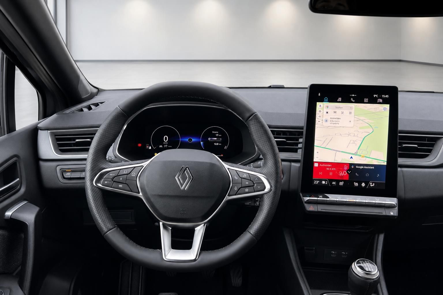Renault Fahrerplatz mit Lenkrad, digitalen Instrumenten und Navigationssystem