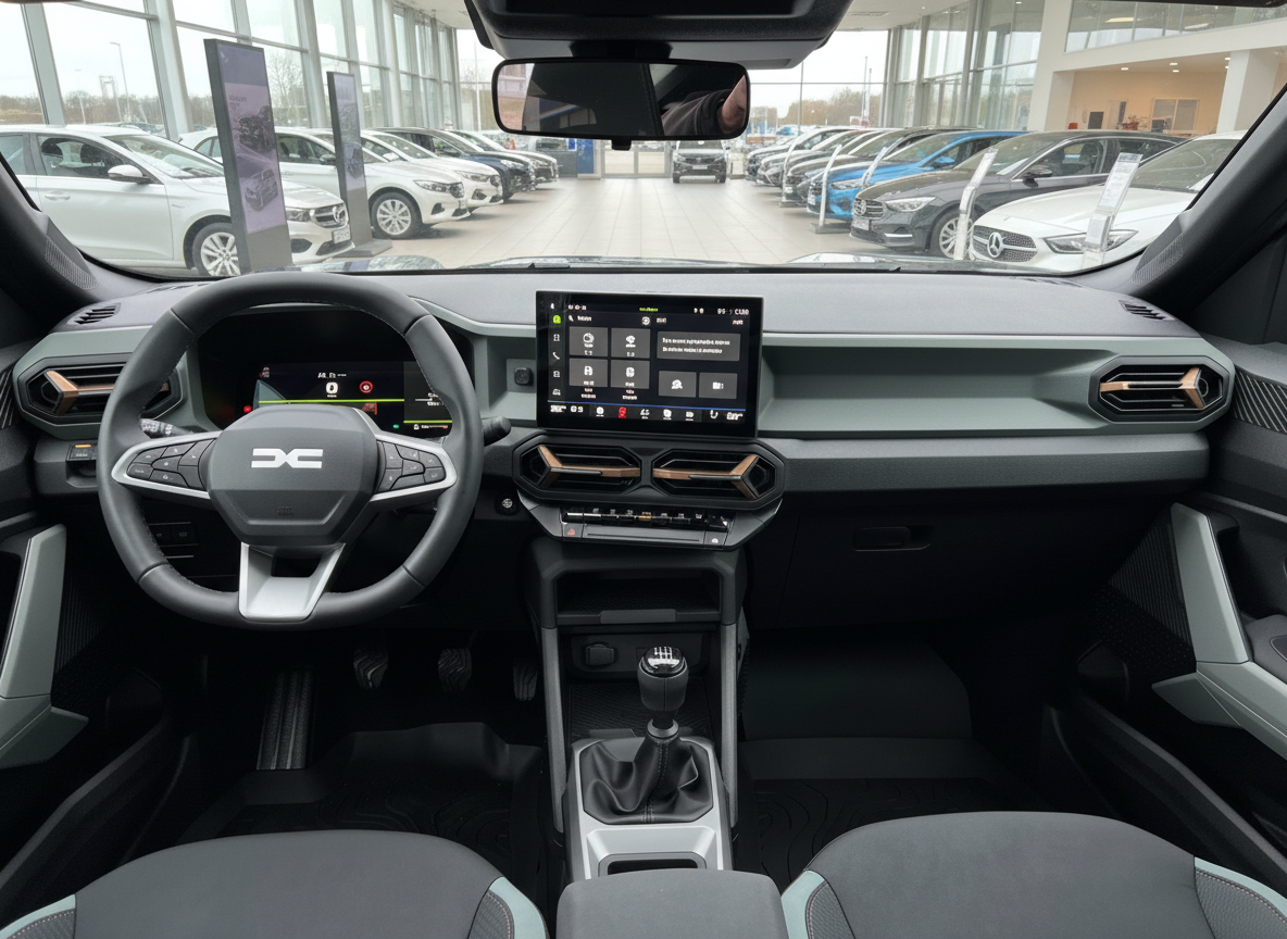 Dacia Innenraum mit Lenkrad, Touchscreen-Infotainment und manuellem Schaltgetriebe im Autohaus