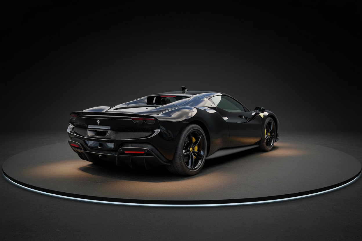 Schwarzer Ferrari SF90 Stradale Sportwagen auf rundem Podest mit dramatischer Studiobeleuchtung, Heckansicht mit Prancing Horse Logo, Carbon-Diffusor und gelben Bremssätteln