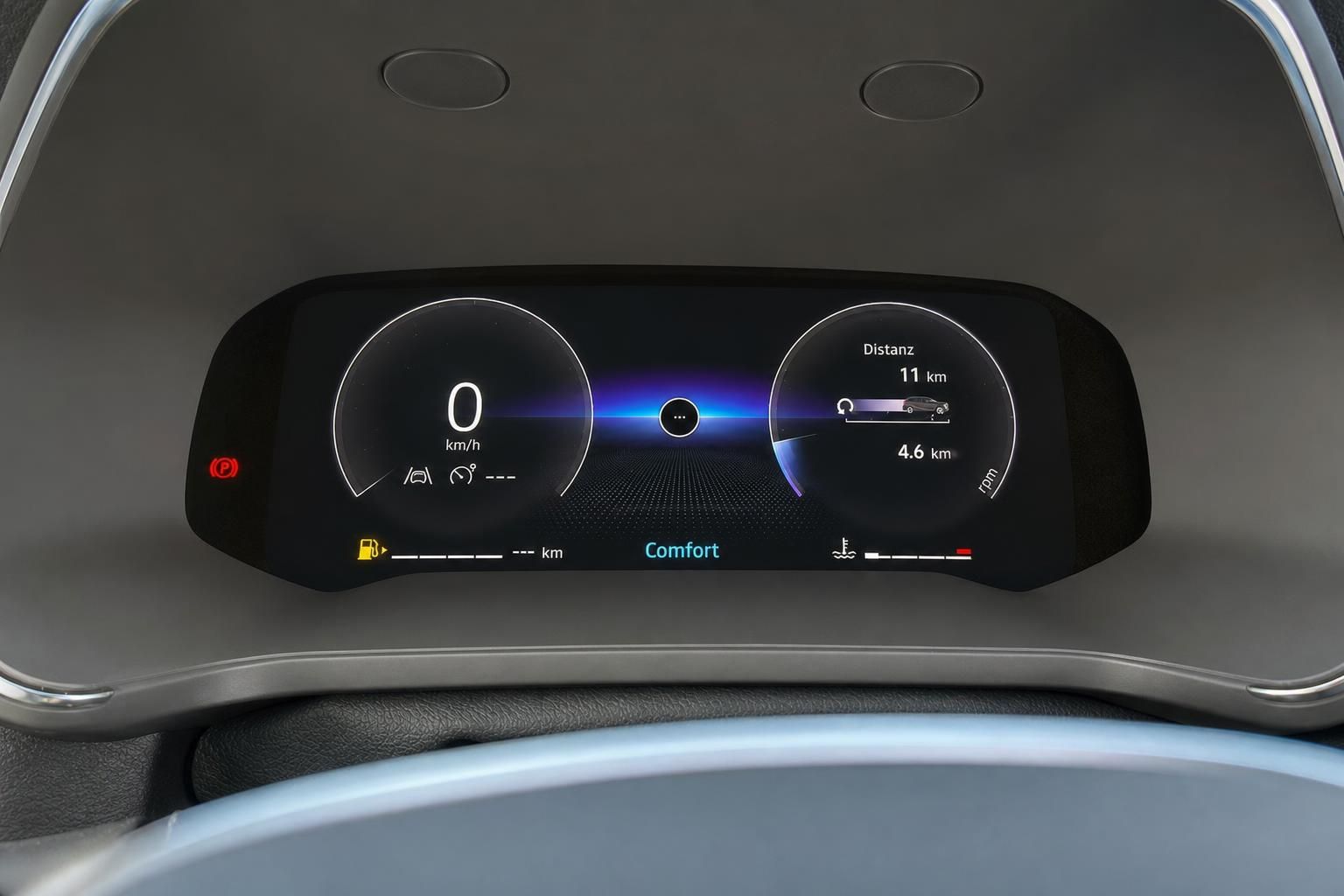 Digitales Kombiinstrument mit Tacho und Navigationsdisplay im Fahrzeug-Cockpit