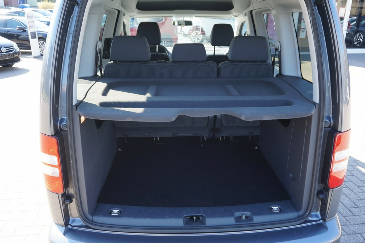 VW Caddy Maxi Kofferraum offen mit umgeklappter Rücksitzbank und großem Laderaum