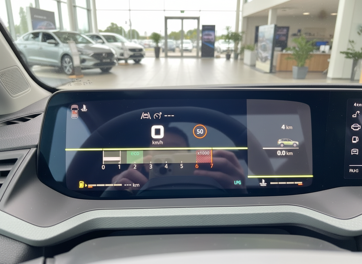 Digitales Kombiinstrument Innenraum mit Tacho, LPG-Anzeige und Spurhalteassistent im Autohaus