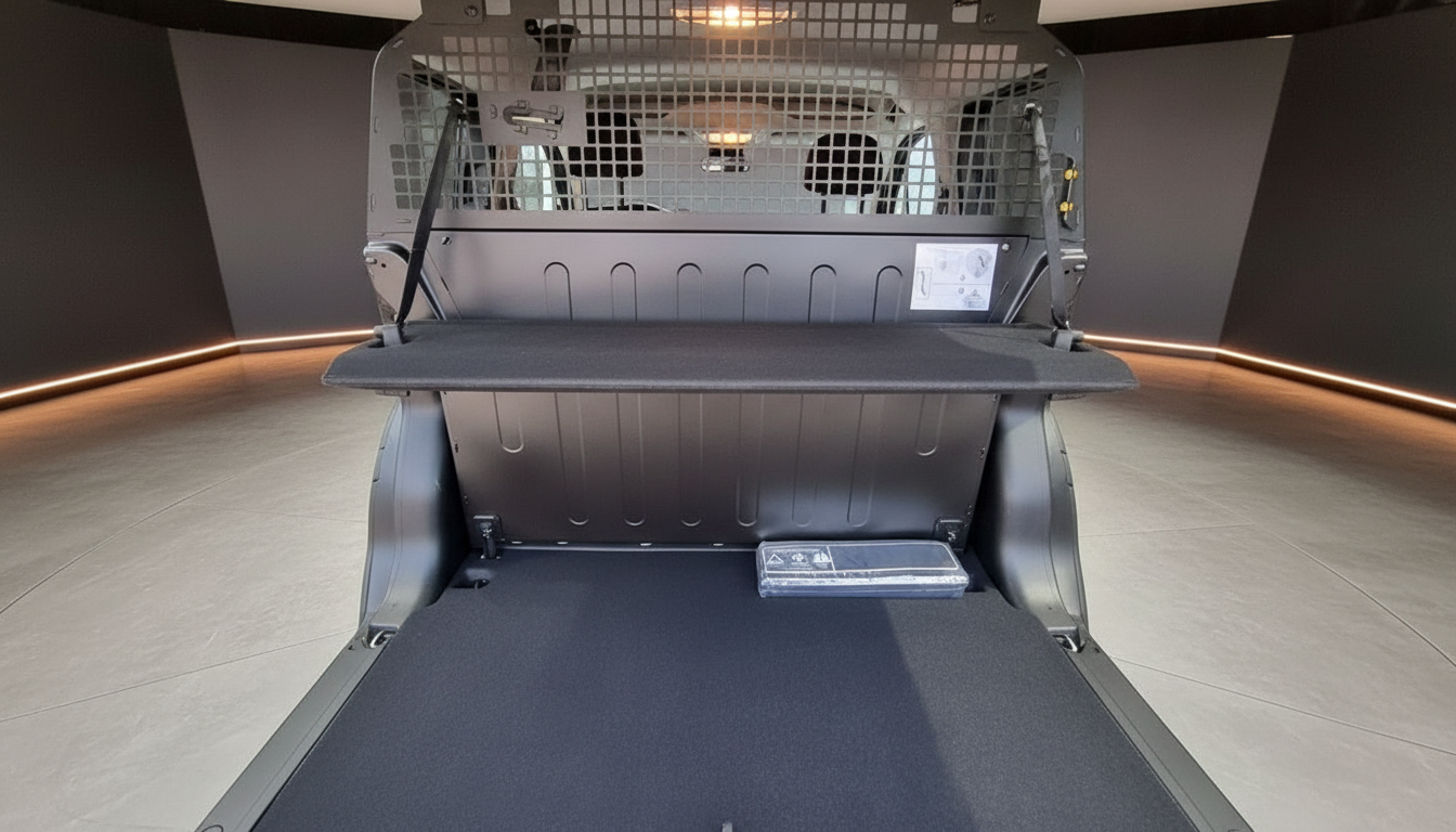 Kofferraum eines Transporters mit Trenngitter und schwarzer Bodenmatte