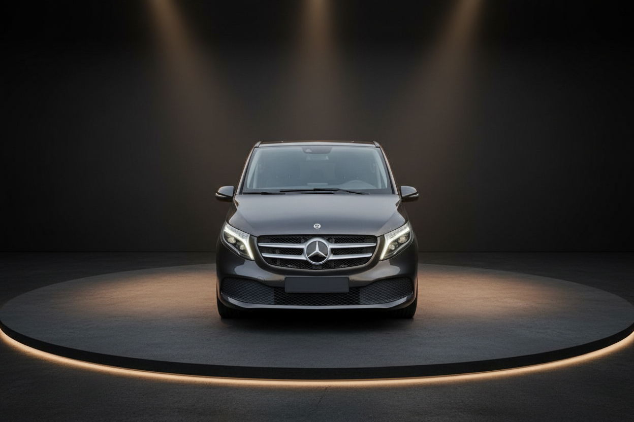 Mercedes-Benz V-Klasse in Grau – Frontansicht im Showroom