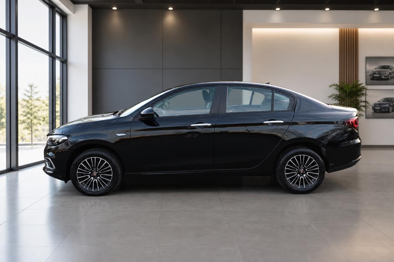 Fiat Tipo Limousine schwarz Seitenansicht mit Leichtmetallfelgen im Autohaus