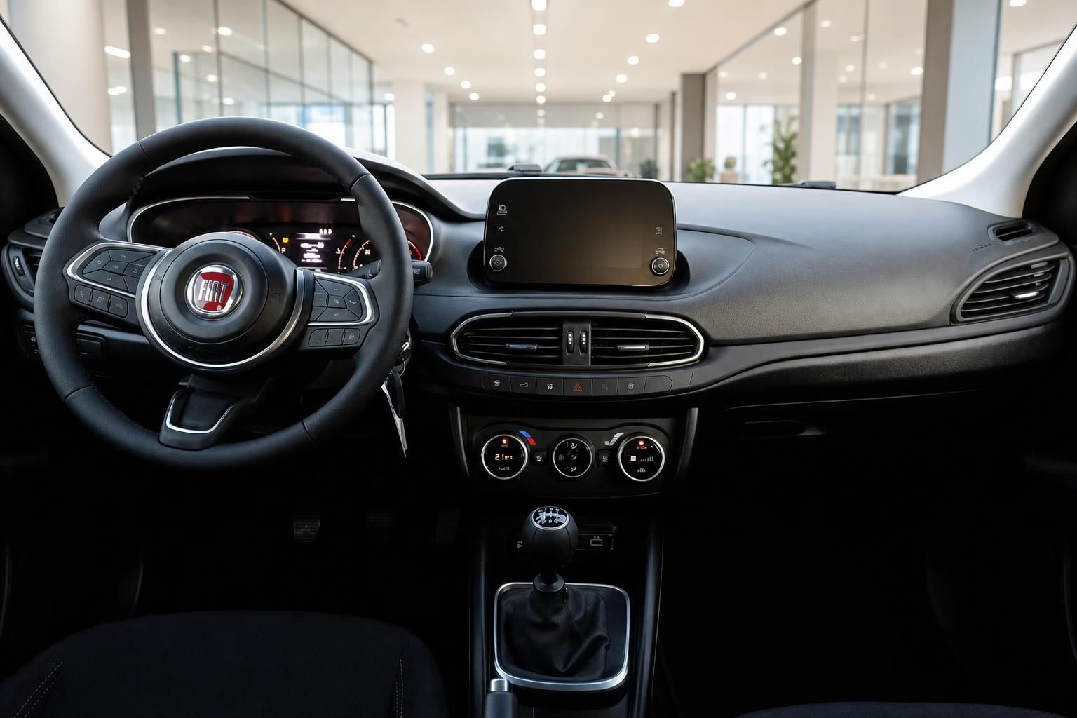 Fiat Tipo Innenraum mit Lenkrad, Touchscreen-Infotainment und Schaltgetriebe