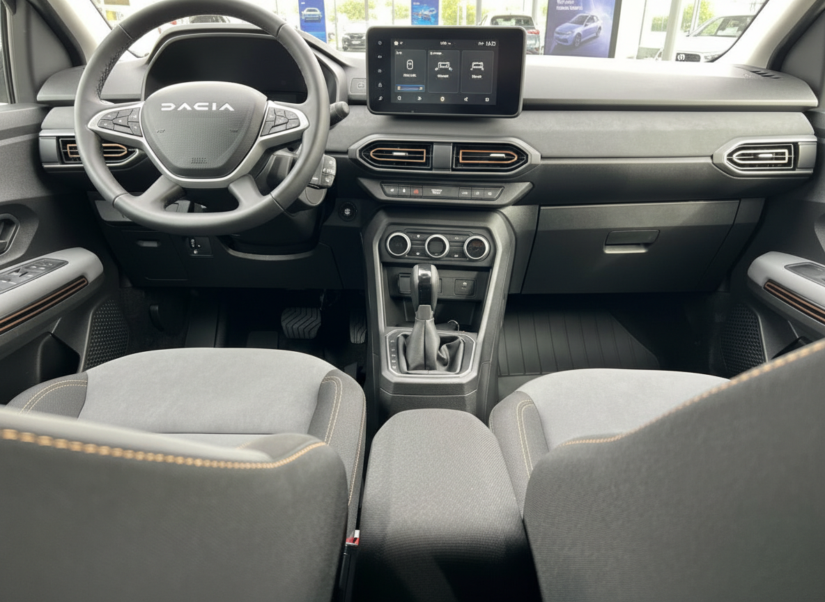 Dacia Innenraum mit Touchscreen, Lenkrad und manueller Schaltung in Grau mit orangefarbenen Akzenten