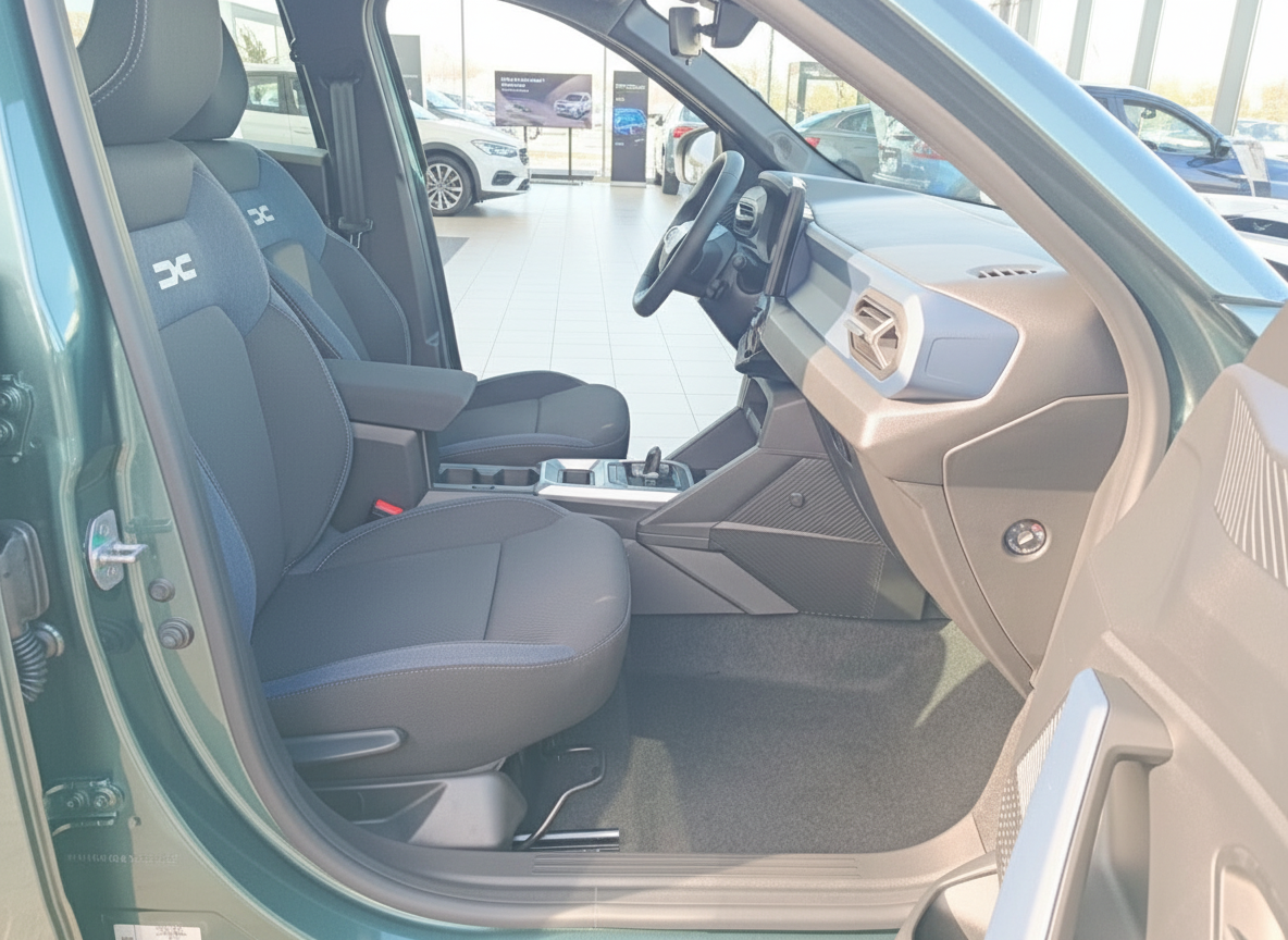 Dacia Innenraum mit schwarzen Stoffsitzen, Mittelkonsole und Cockpit in grünem SUV