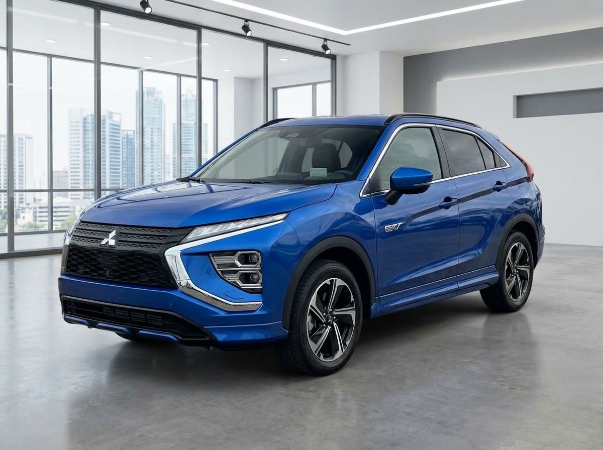 Mitsubishi Eclipse Cross PHEV in Blau metallic in modernem Showroom, Frontansicht schräg
