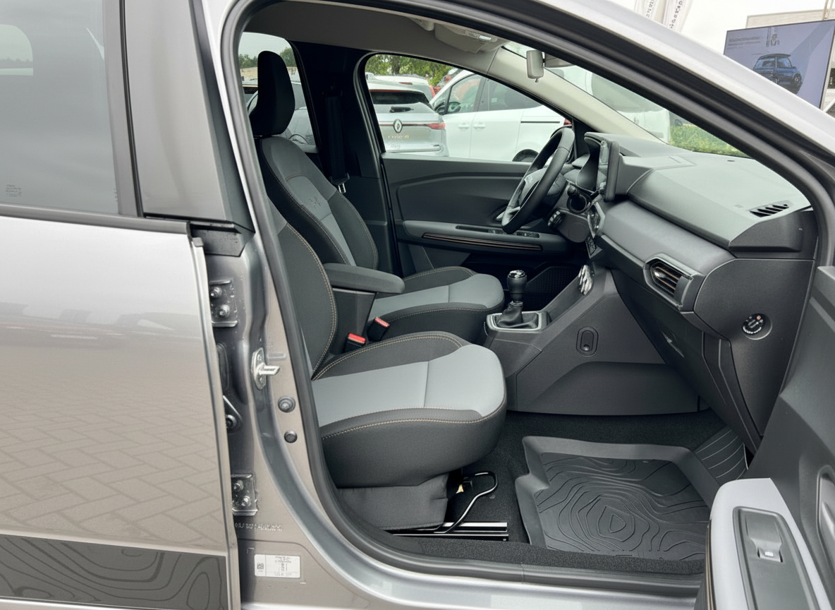 Renault Kangoo Innenraum Beifahrerseite mit grauen Stoffsitzen und Schaltgetriebe