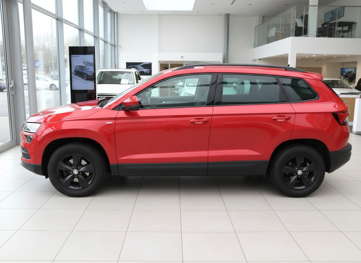 Roter Škoda Karoq SUV mit schwarzen Felgen in Autohaus-Ausstellung