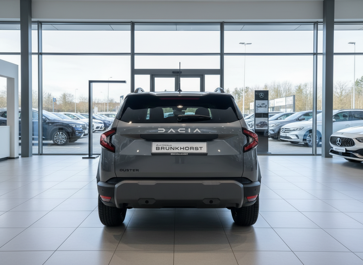 Dacia Duster SUV Heckansicht in Grau im Autohaus Brunkhorst Showroom