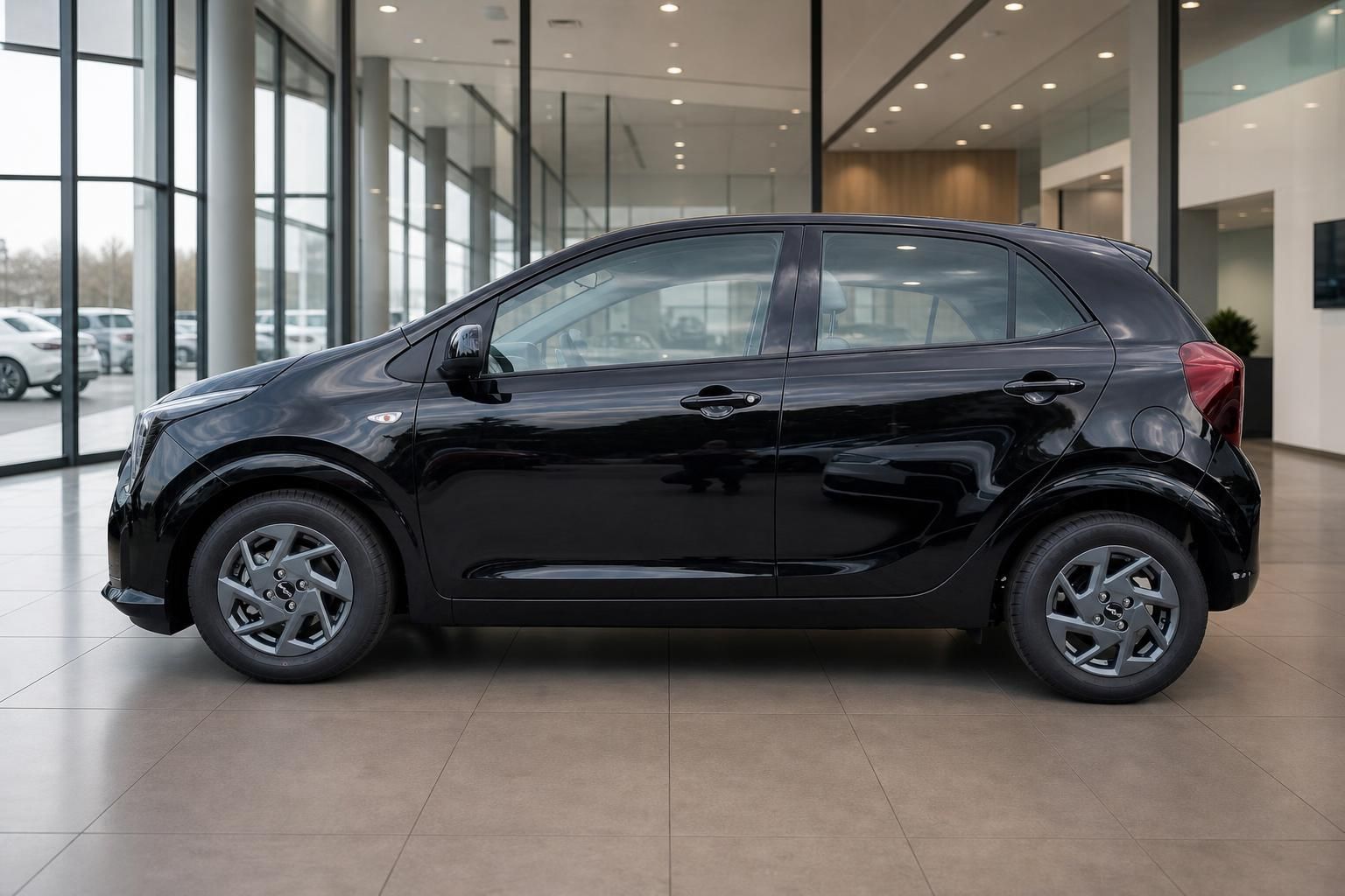 Kia Picanto schwarz Seitenansicht im Showroom