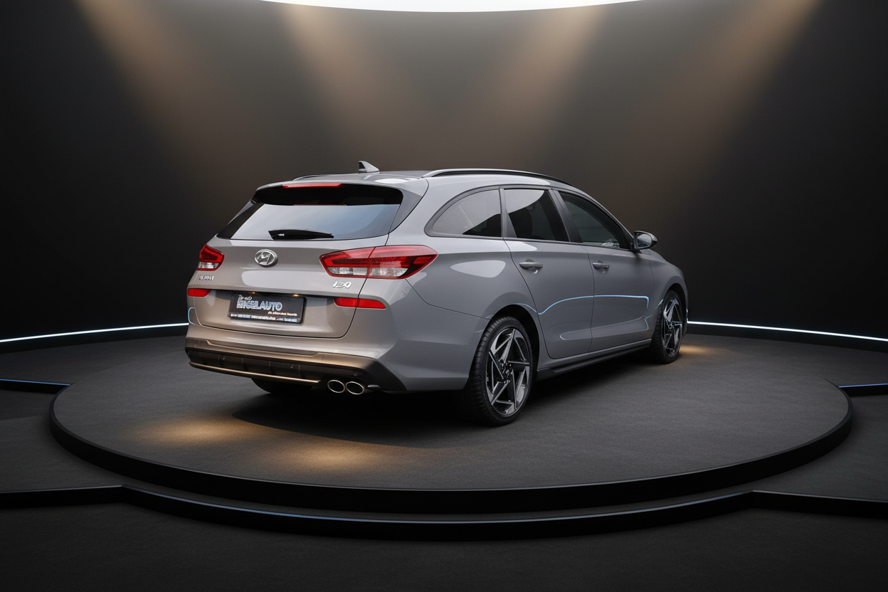 Hyundai i30 Kombi in Silber-Grau auf Drehbühne im Showroom – Heckansicht mit LED-Rückleuchten, Dachspoiler und Alufelgen bei Engel Auto