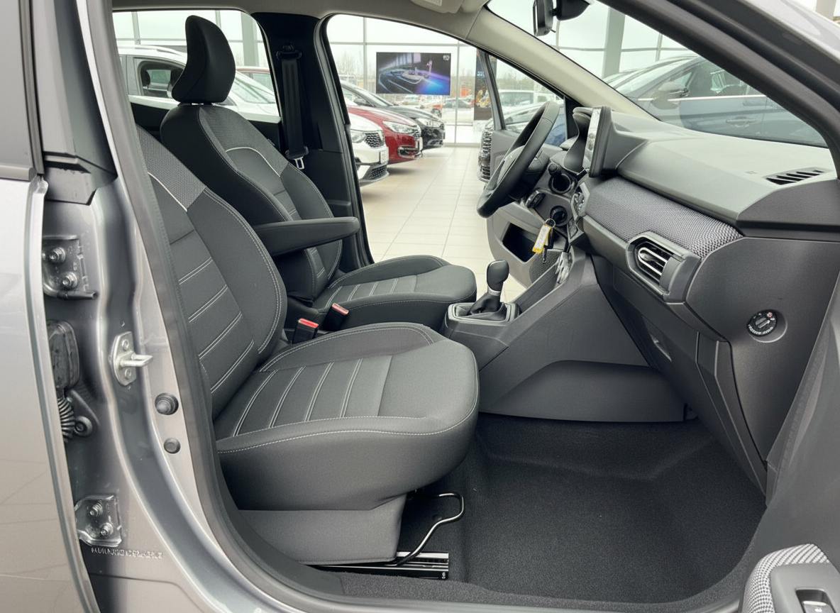 Fahrzeuginnenraum mit schwarzen Stoffsitzen, Mittelkonsole und Cockpit im Autohaus