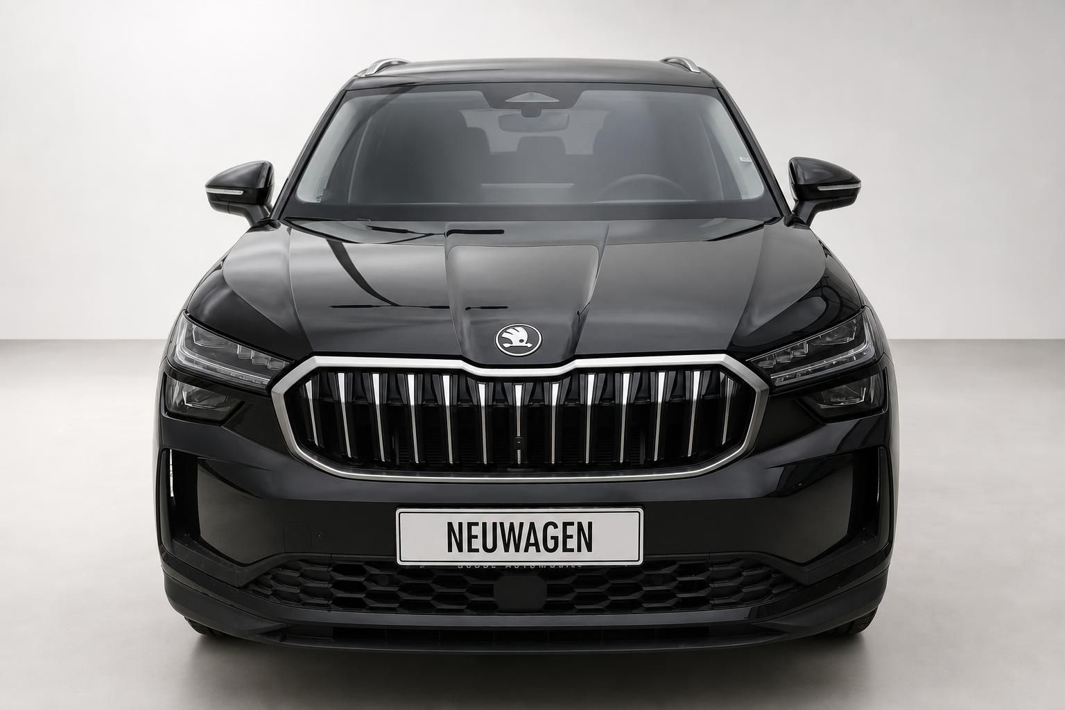 Skoda SUV schwarz Frontansicht mit Neuwagen-Kennzeichen
