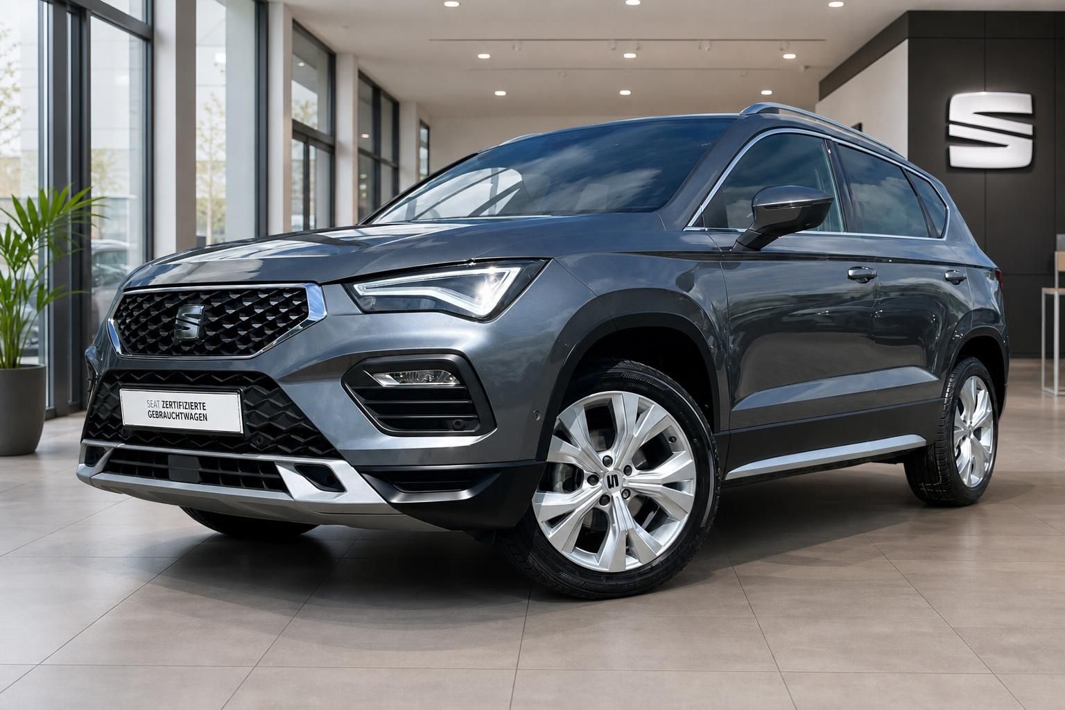 SEAT Ateca in Grau, Frontansicht im Autohaus-Showroom