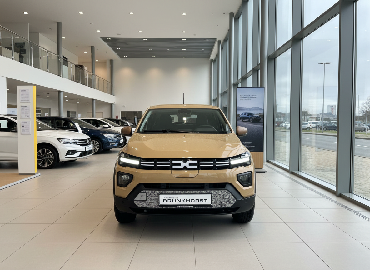 Dacia Sandero in Gold/Beige Frontansicht im Autohaus Brunkhorst Showroom