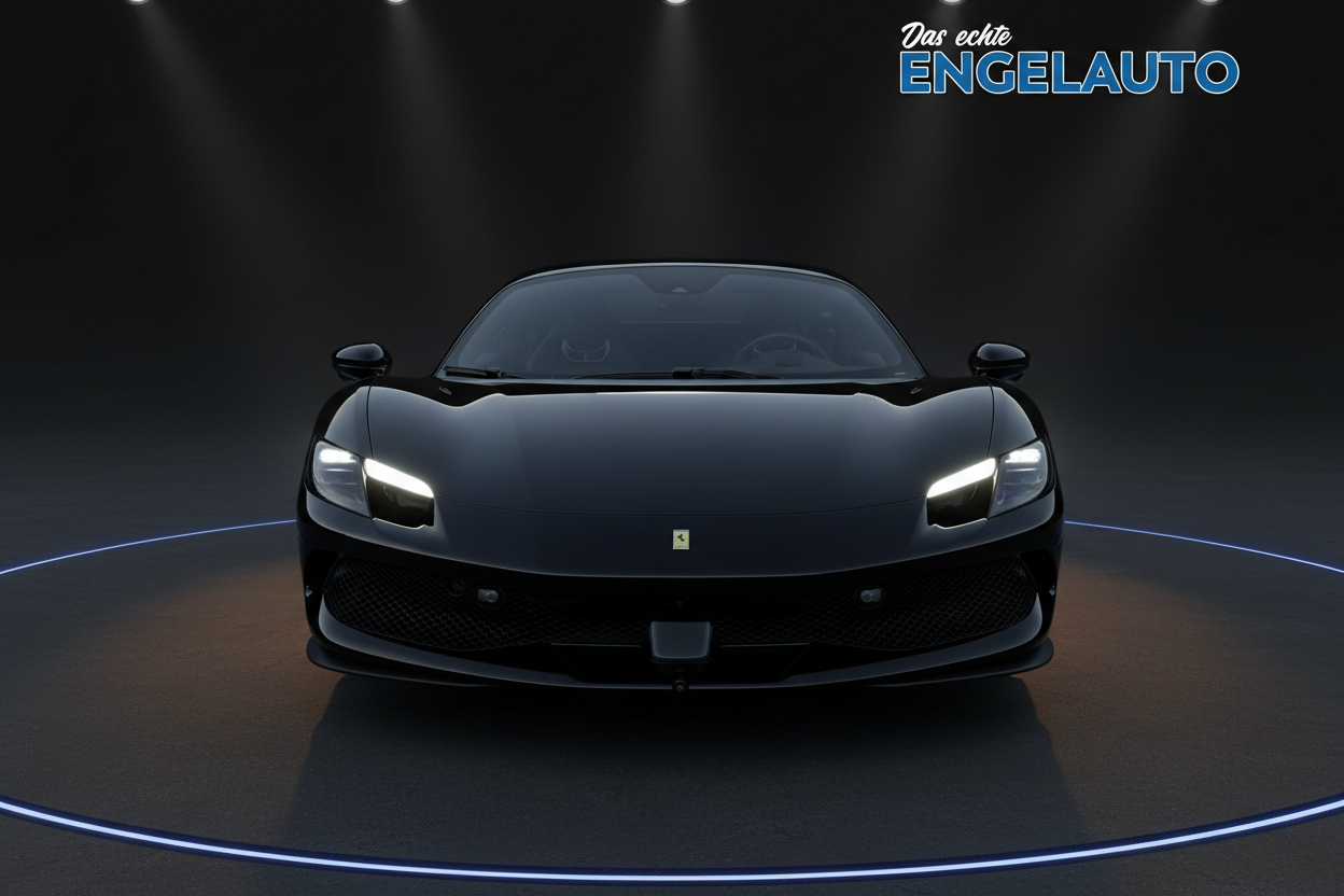 Ferrari 296 GTB schwarz Frontansicht im Showroom mit LED-Scheinwerfern - Das echte Engelauto Luxus-Sportwagen