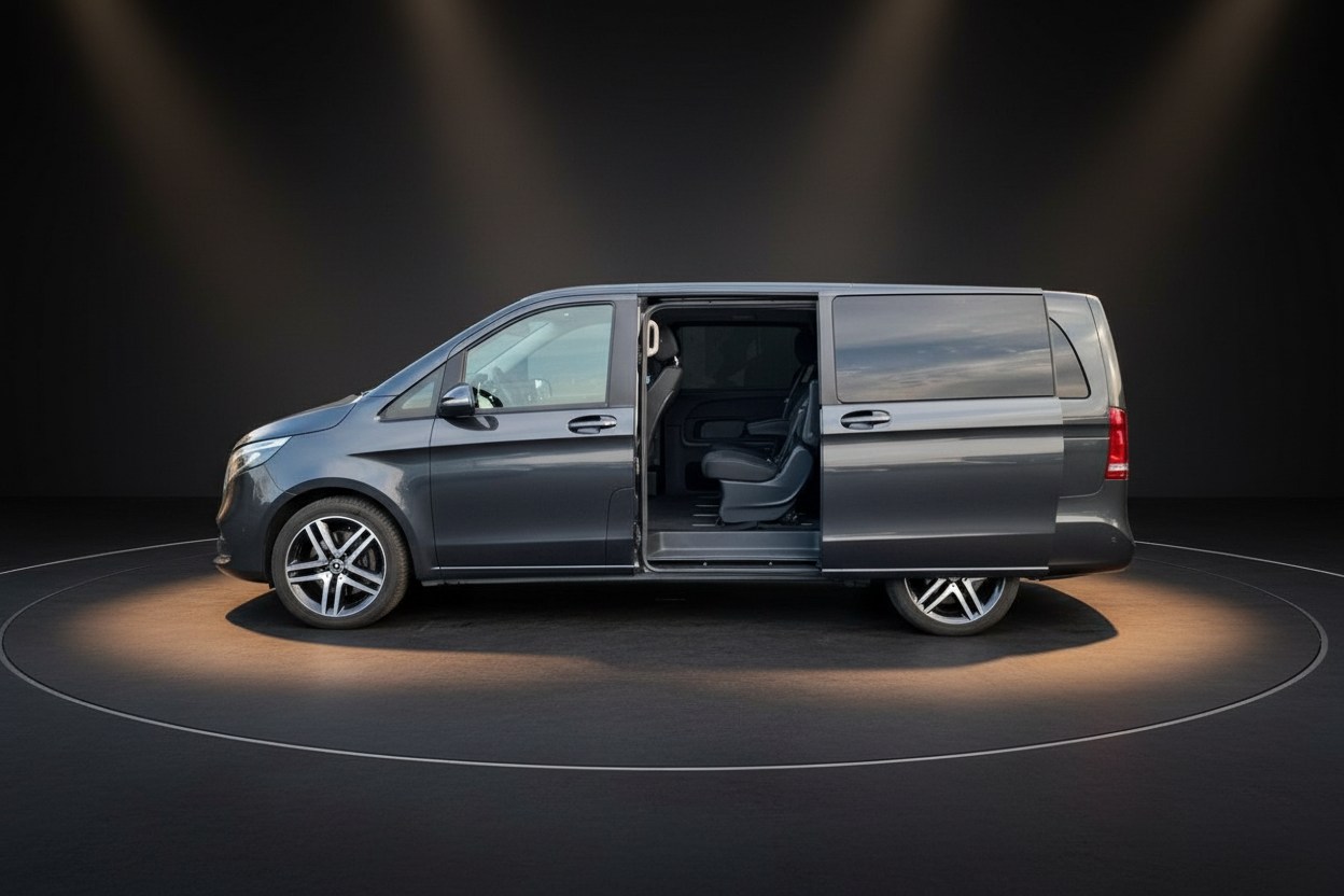 Mercedes-Benz V-Klasse grau metallic mit geöffneter Schiebetür Seitenansicht Studio