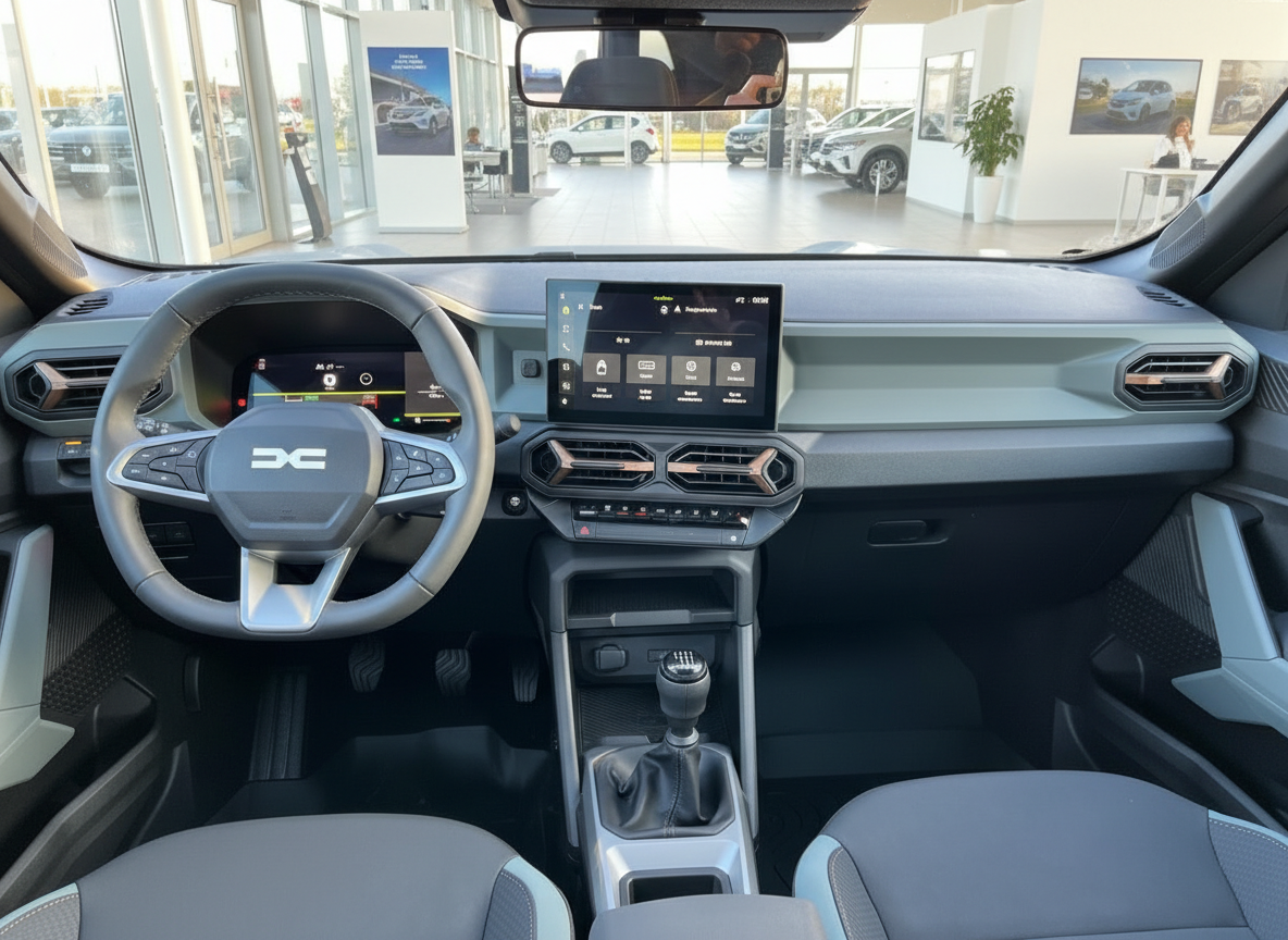 Dacia Innenraum Cockpit mit Touchscreen Infotainment und Schaltgetriebe im Autohaus