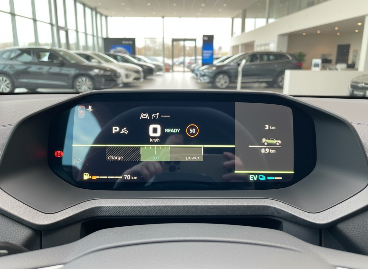 Digitales Kombiinstrument eines Hybrid-SUV mit EV-Anzeige und Reichweitenanzeige im Autohaus