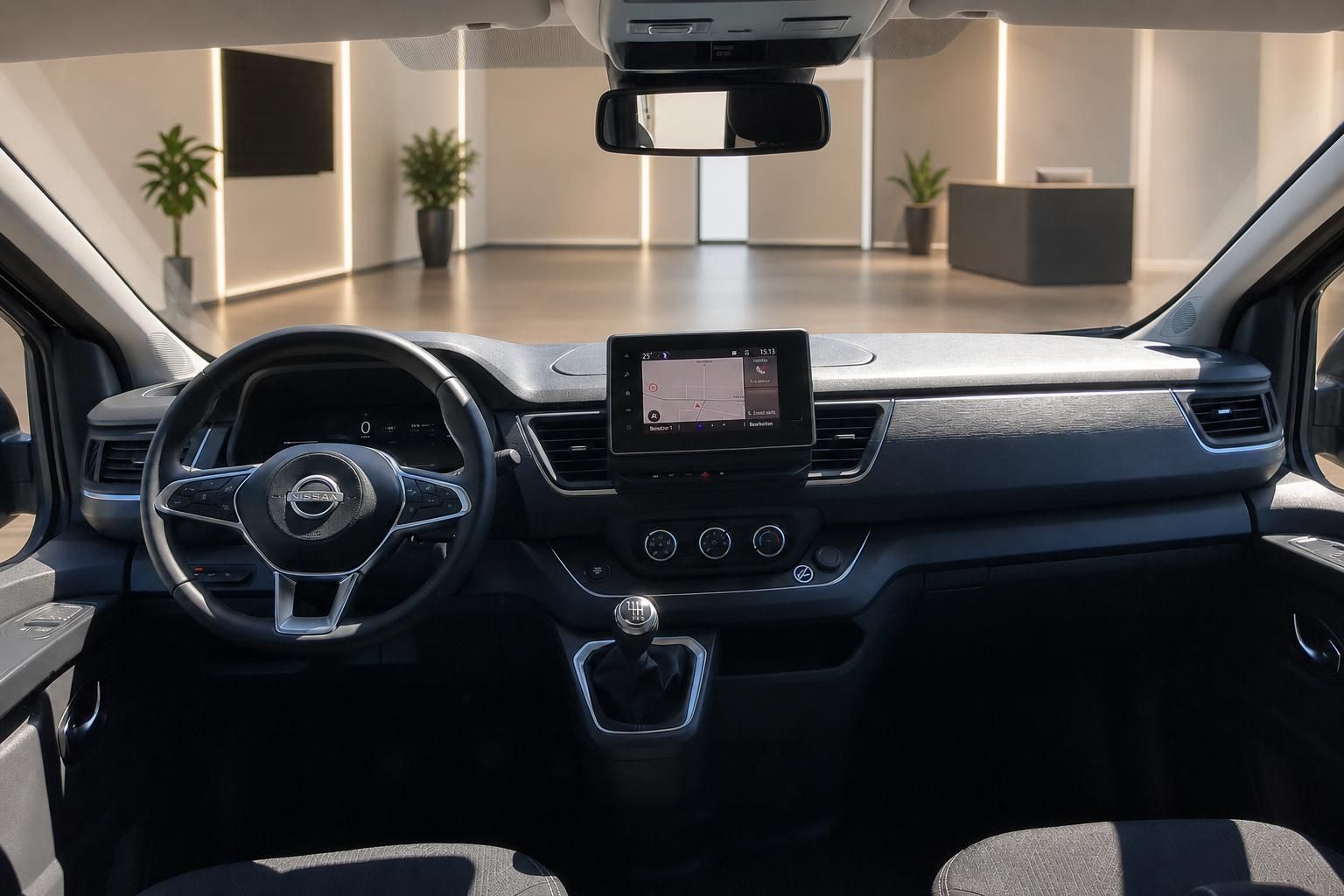 Nissan Primastar Innenraum Armaturenbrett mit Touchscreen-Navi und modernem Cockpit-Design