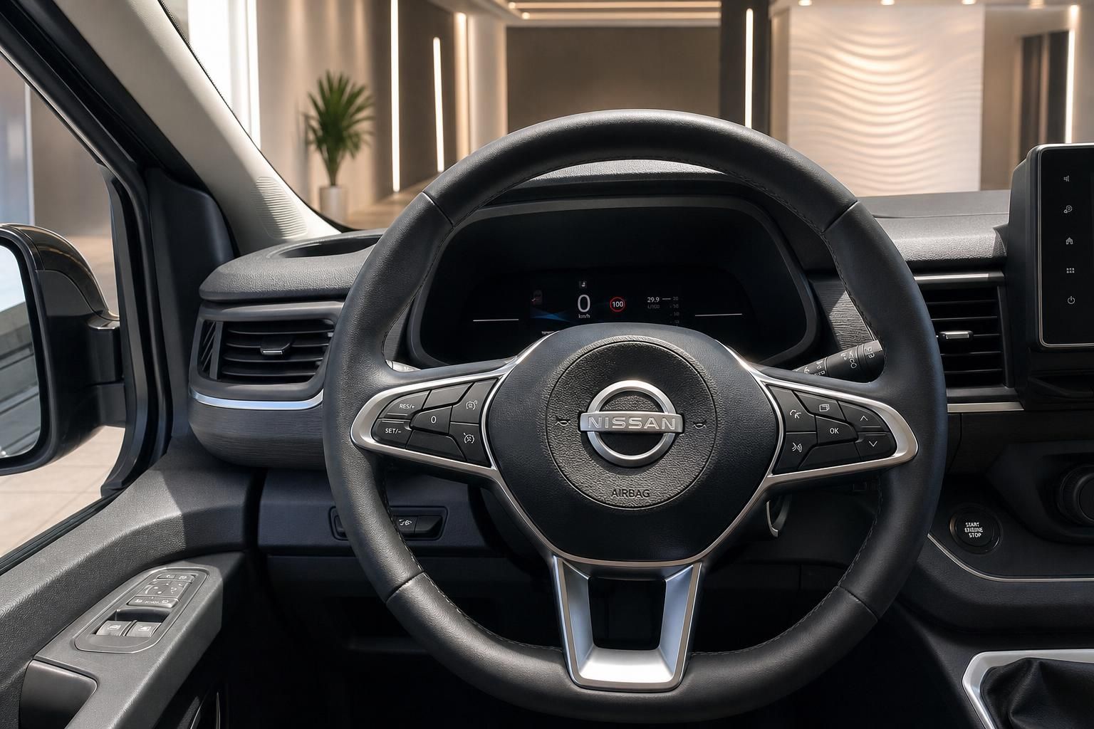 Nissan Lenkrad mit Multifunktionstasten und digitalem Kombiinstrument im Hintergrund