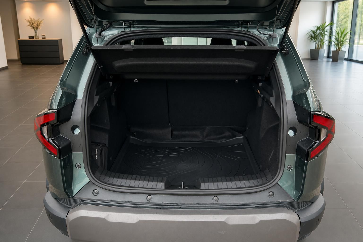 Geöffneter Kofferraum eines SUV mit Kofferraummatte im Autohaus-Showroom