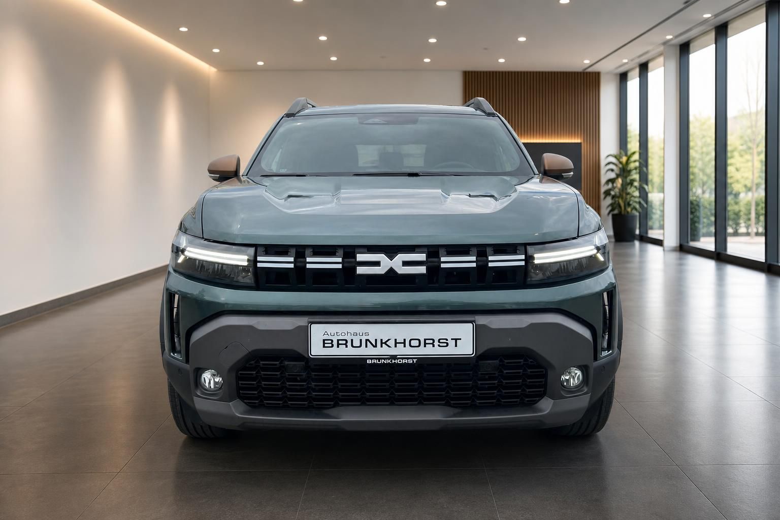 Dacia Frontansicht in grün - charakteristisches Design mit markanter Front