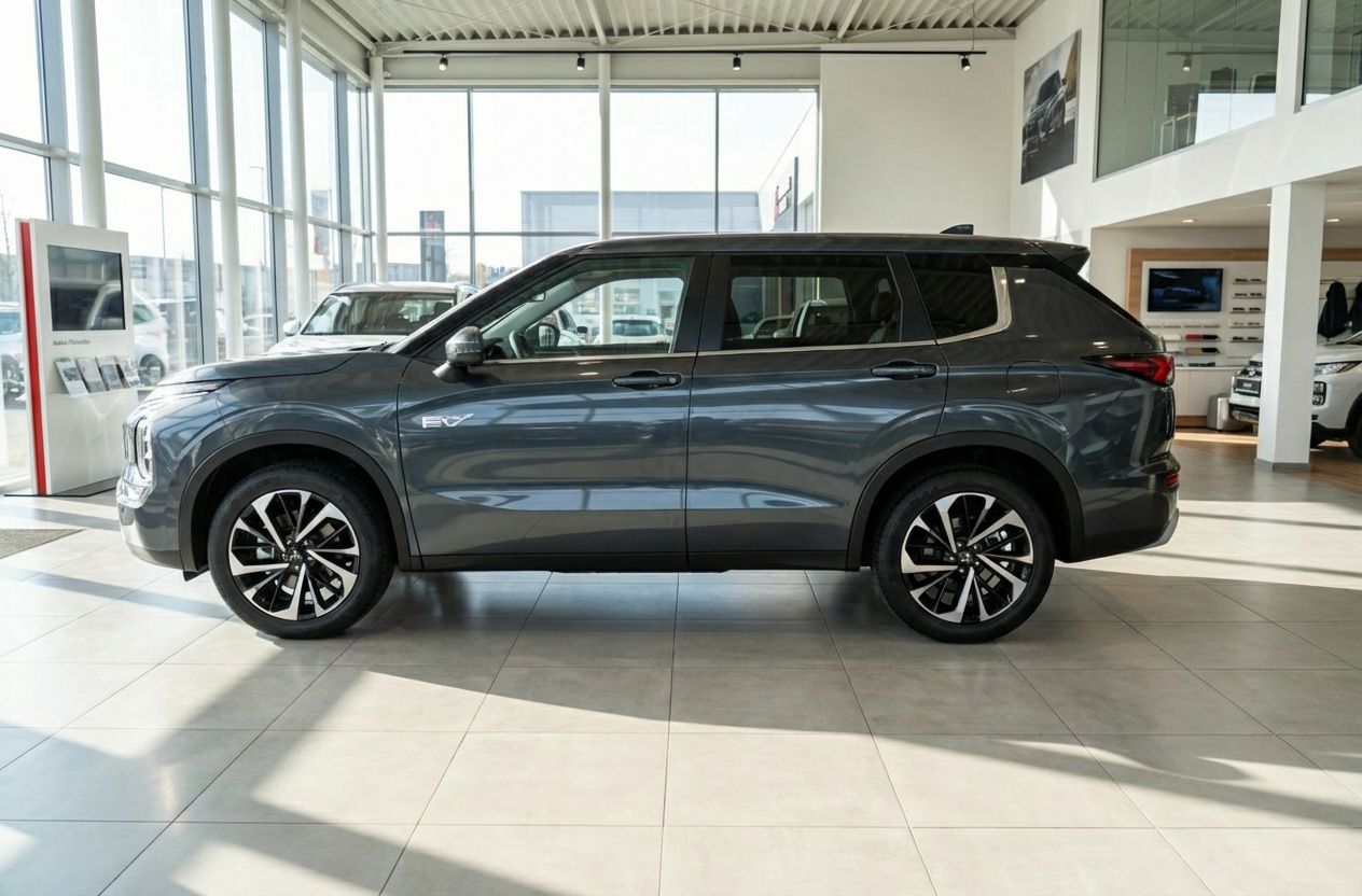 Mitsubishi Outlander PHEV in Grau metallic Seitenansicht im Autohaus