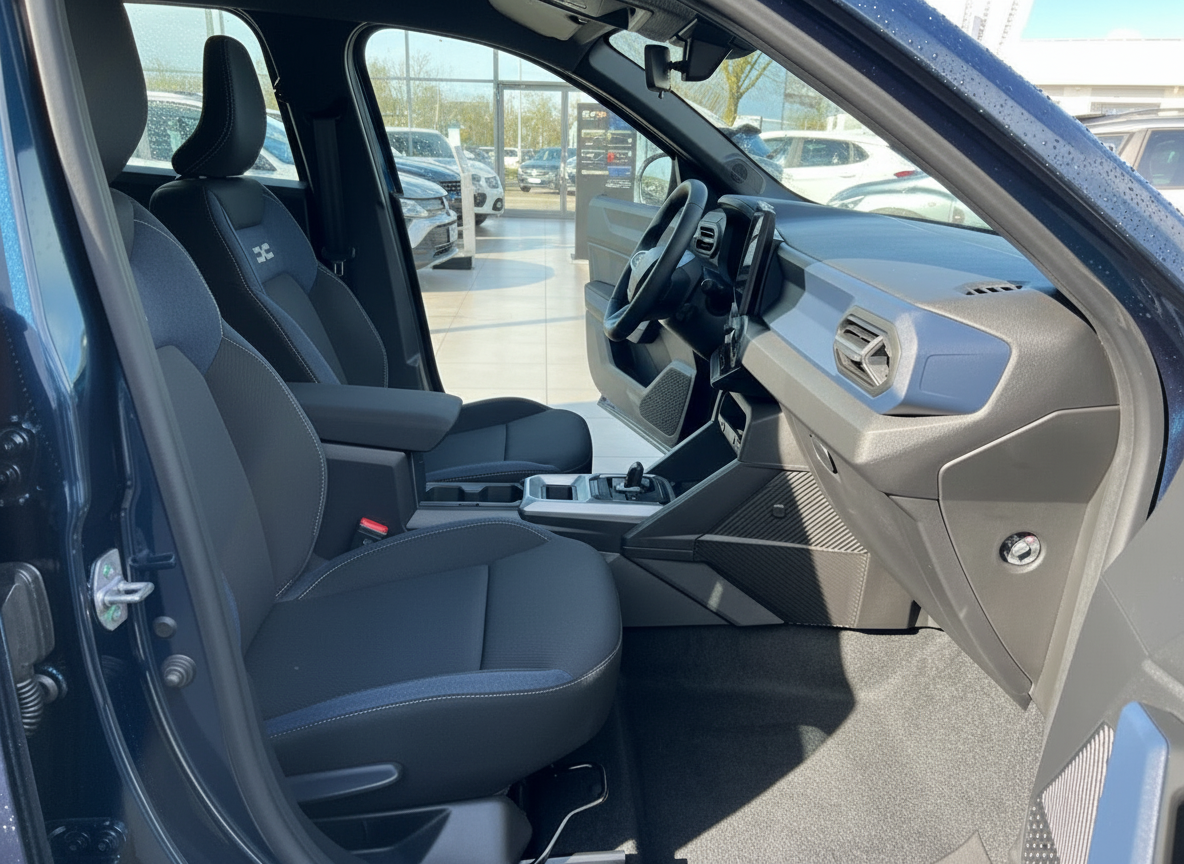 Innenraum eines Mercedes-Benz mit schwarzen Stoftsitzen, Mittelkonsole und modernem Cockpit