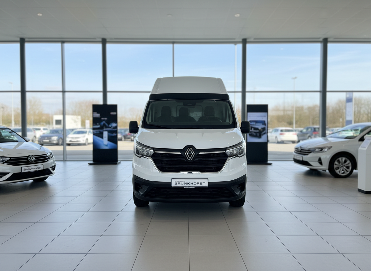 Weißer Renault Master Kastenwagen Frontansicht im Autohaus Brunkhorst Showroom