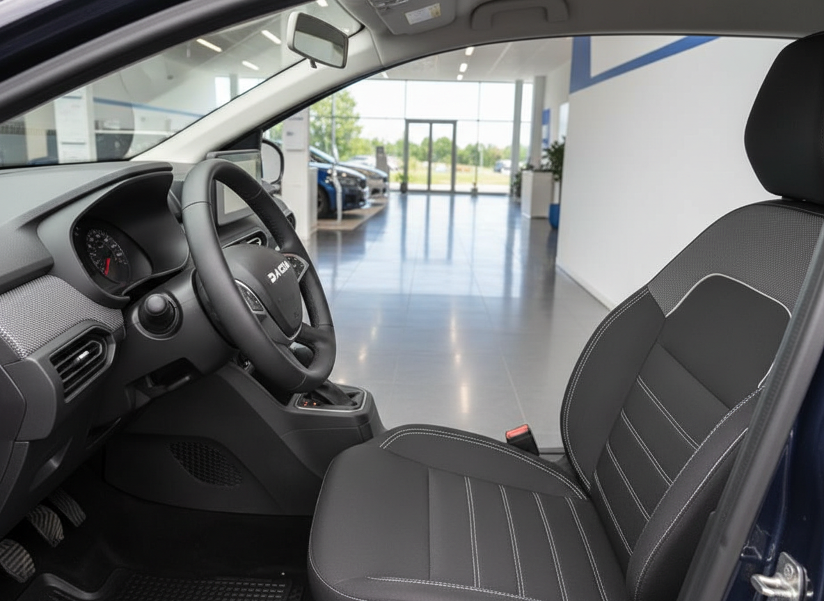 Dacia Innenraum mit schwarzem Lenkrad und Ledersitzen im Autohaus