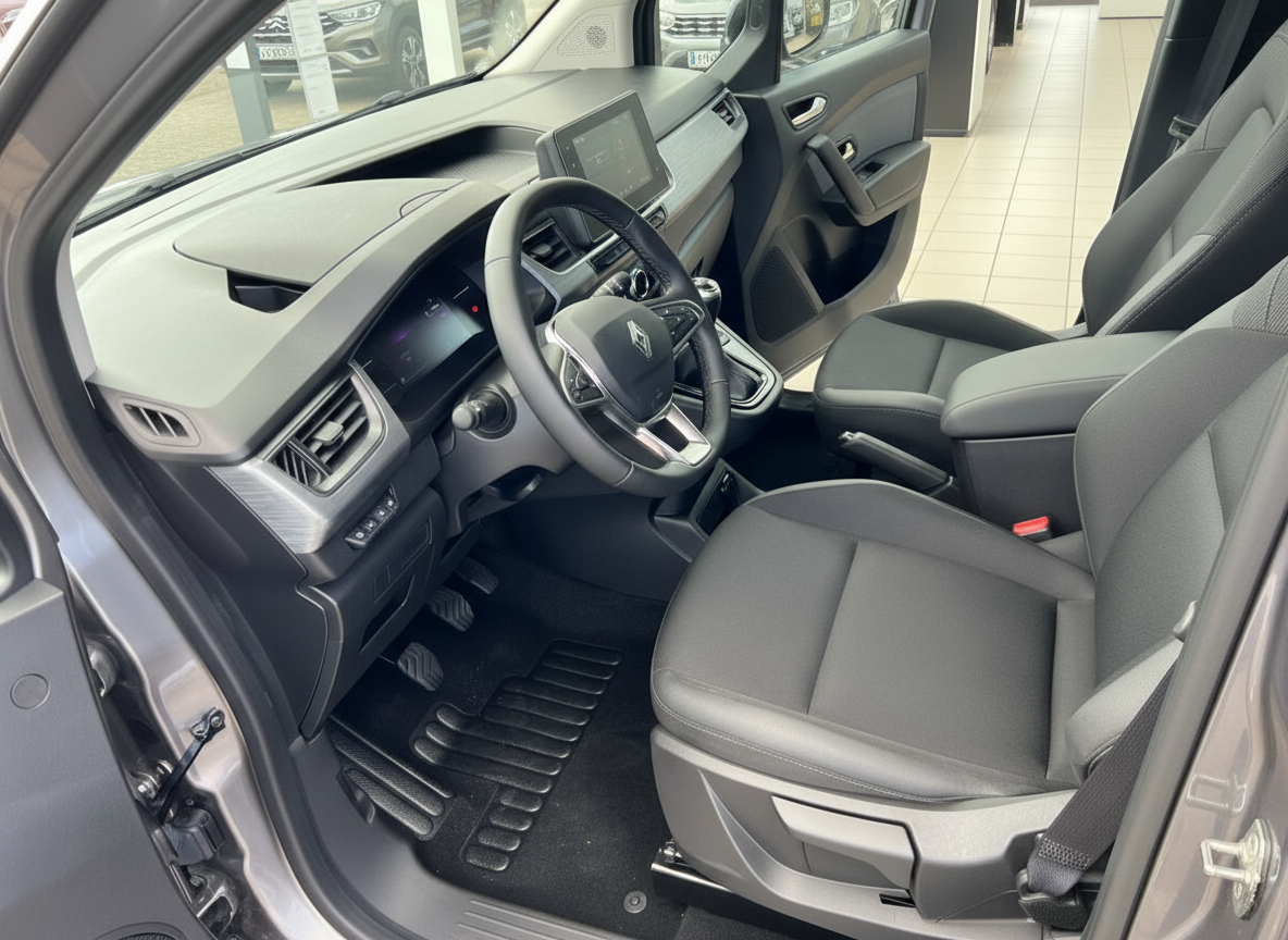 Renault Kangoo Innenraum Fahrerseite mit Ledersitzen, Multimediascreen und modernem Cockpit