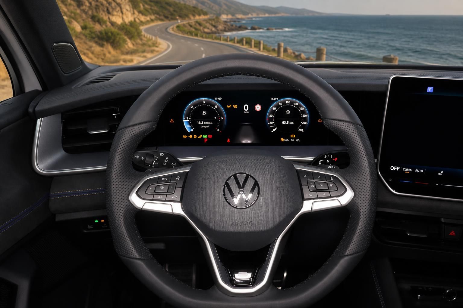 VW Tayron Innenraum Lenkrad und digitales Cockpit im Detail