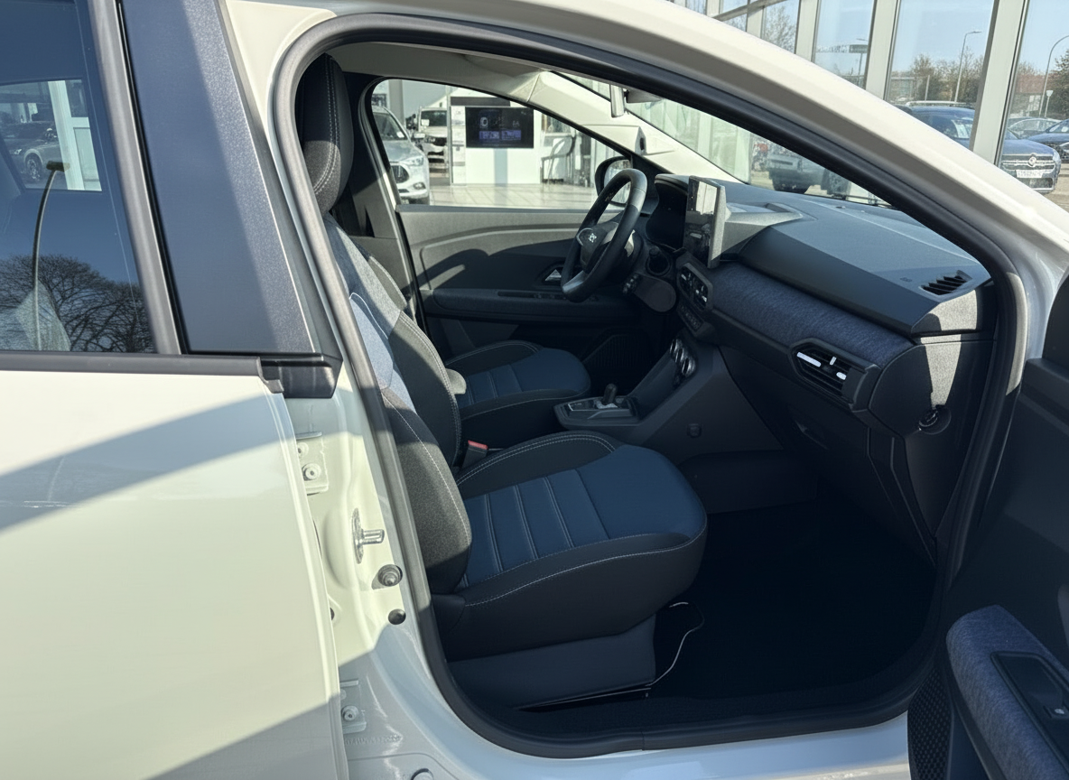 Innenraum eines weißen Fahrzeugs mit schwarzen Sitzen, Blick auf Fahrer- und Beifahrersitz im Autohaus