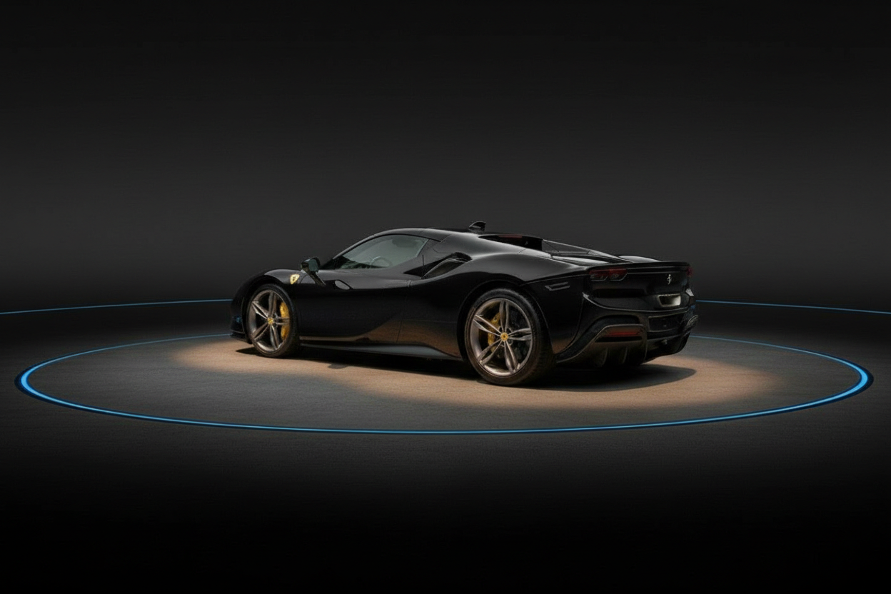 Schwarzer Ferrari 296 GTS Spider Sportwagen Heckansicht in dunklem Studio