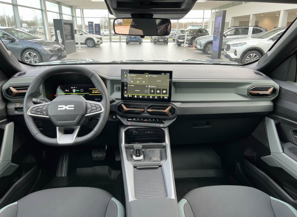 Dacia Innenraum mit digitalem Cockpit, Infotainment-Touchscreen und modernem Lenkrad im Autohaus