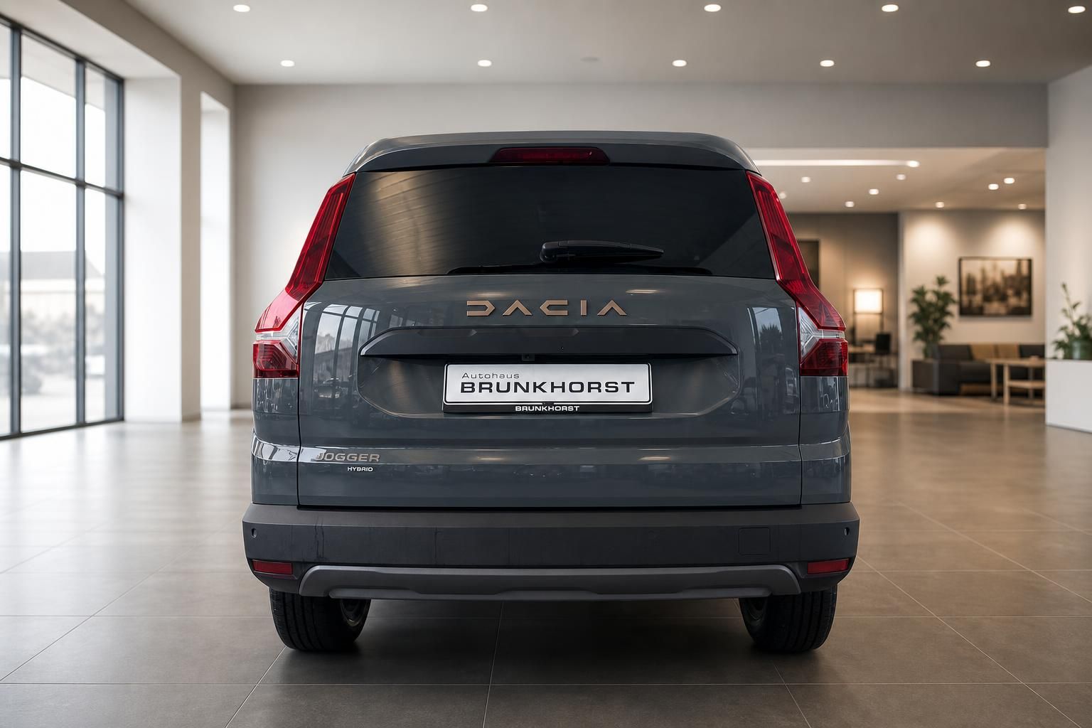 Dacia Jogger Heckansicht in grau im Autohaus Showroom - Hybrid SUV von Autohaus Brunkhorst