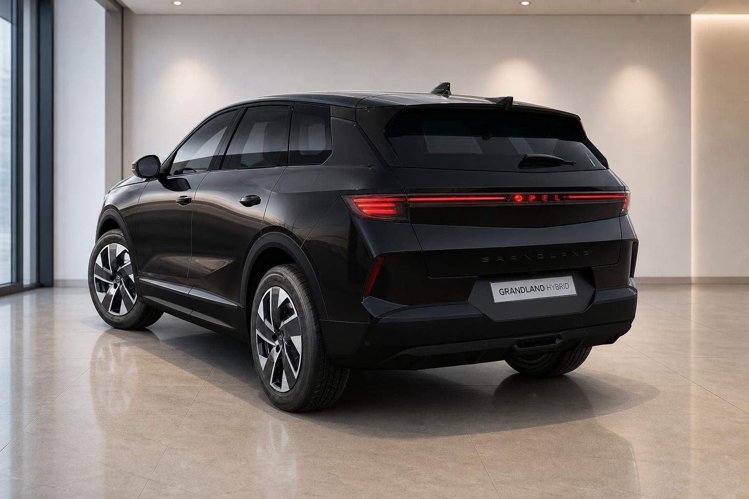 Opel Grandland Hybrid schwarz Heckansicht im Showroom