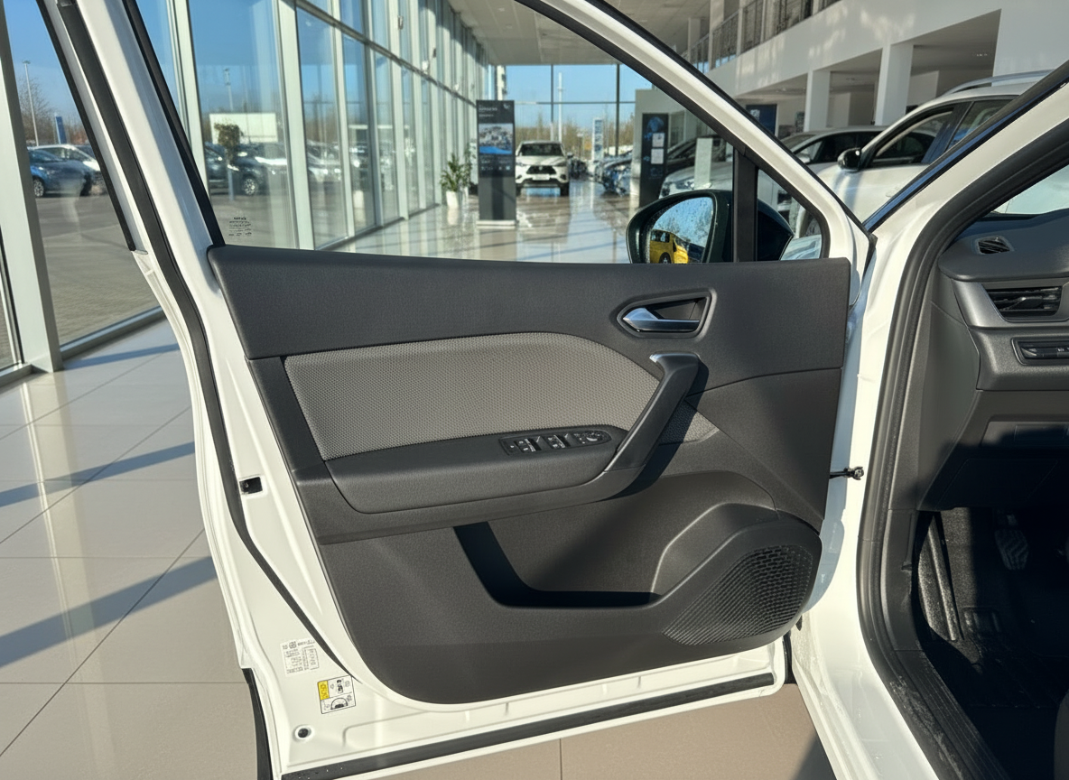 Weißes Fahrzeug Fahrertür geöffnet Innenraum Türverkleidung grau schwarz Autohaus