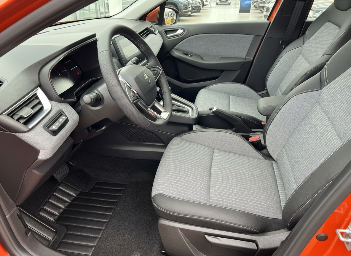 Renault Clio Innenraum mit grauem Stoffsitz, Lenkrad und moderner Instrumententafel