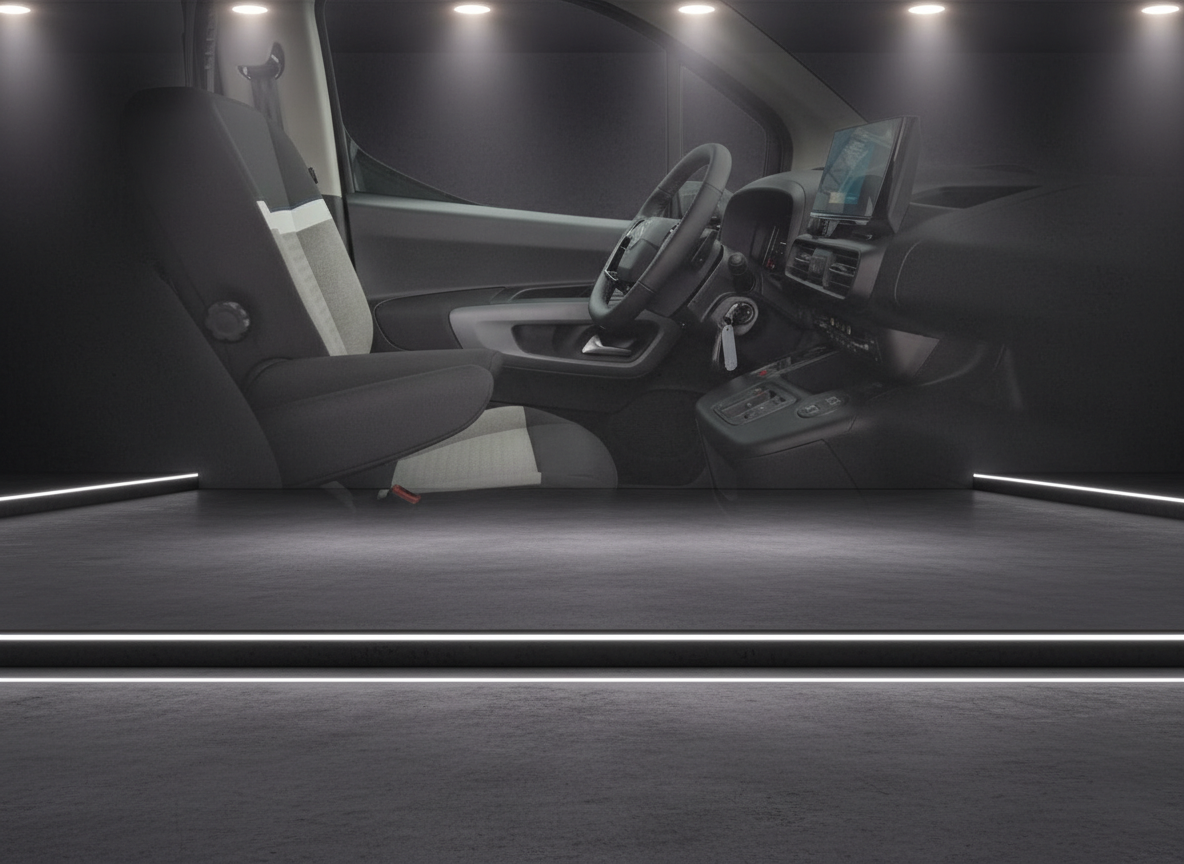 Fahrzeug Innenraum mit Fahrersitz, Lenkrad und großem Touchscreen-Display