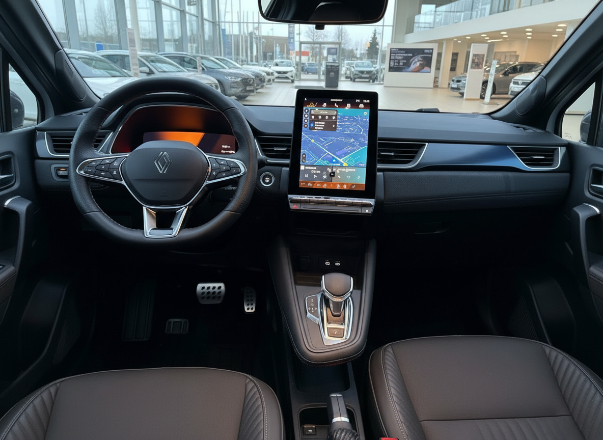 Renault Innenraum mit großem Touchscreen-Navi, braunem Leder und modernem Cockpit
