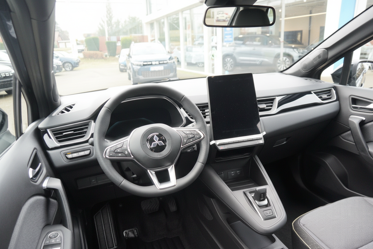 Mitsubishi Innenraum mit Lenkrad, großem Touchscreen und modernem Cockpit-Design