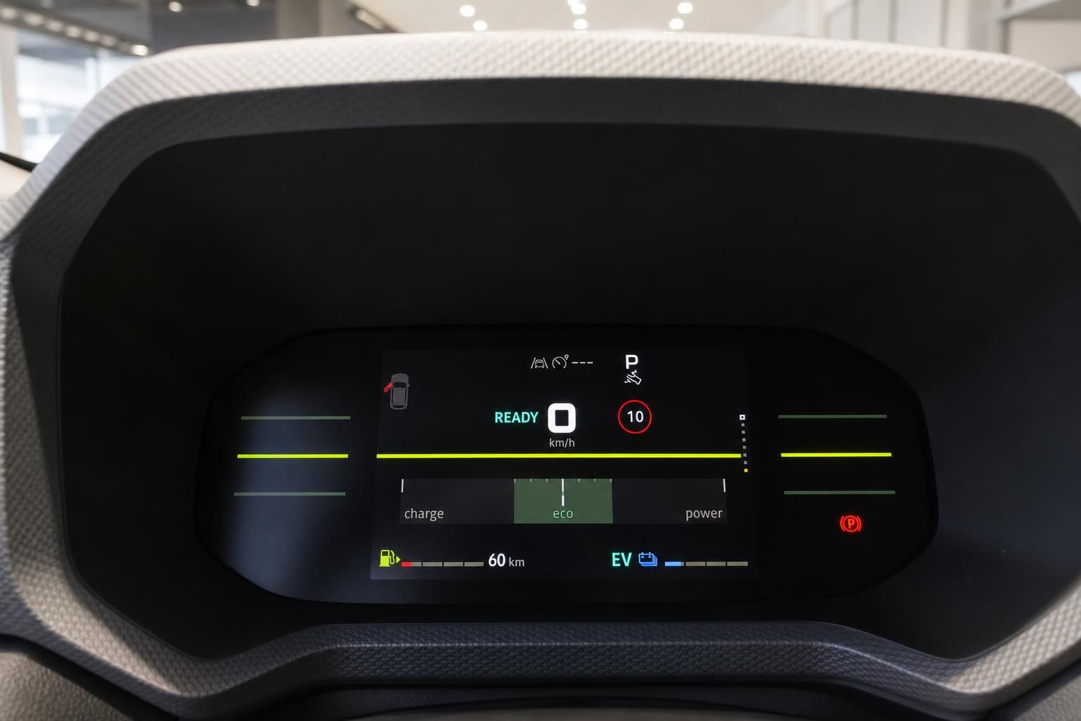 Dacia digitales Cockpit-Display mit EV-Anzeige, Eco-Modus und Reichweitenanzeige 60 km